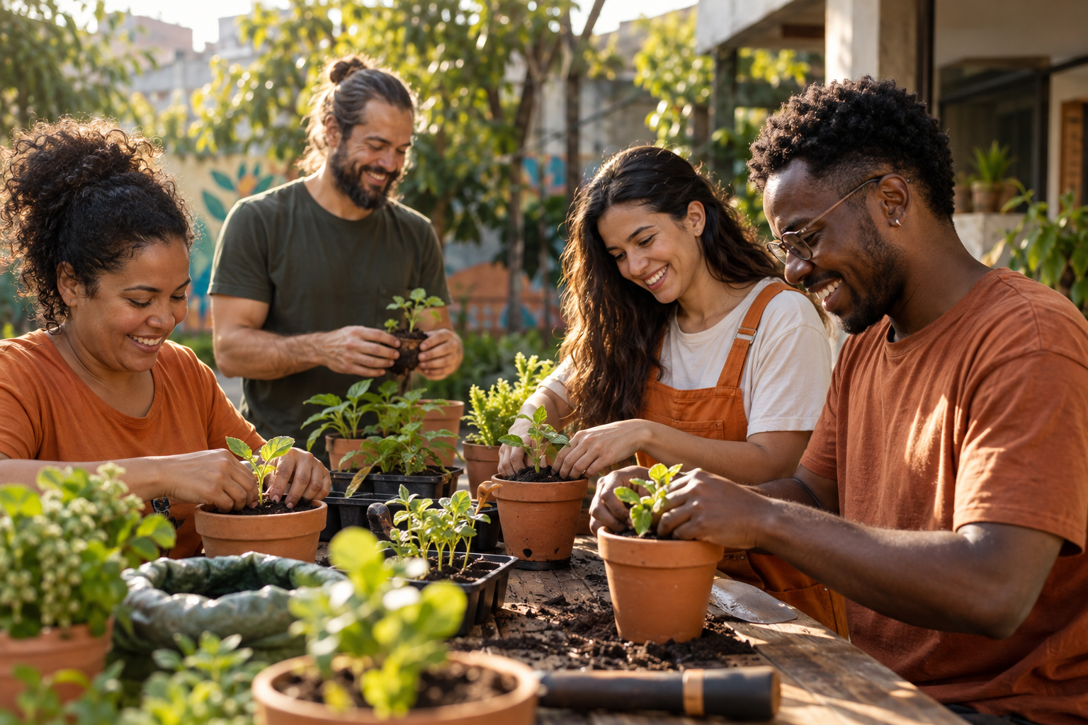 Cena ilustrativa de pessoas cuidando de mudas em uma ação comunitária